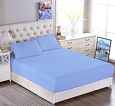 مجموعة ملايات سرير قطن باستك للمنازل والفنادق والقرى السياحية من تايجرز مكونة 3 قطع بلون ازرق فاتح ومقاس كوين بلس 200 × 180 سم ارتفاع المرتبة 40 سادة تريد لاين