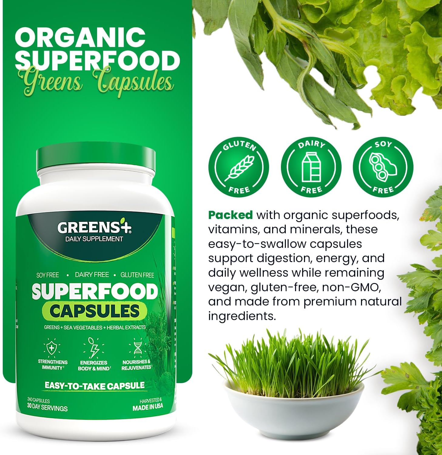 Greens+ Organic Superfood Capsules, Organic Spirulina and Chlorella, with Alfalfa & Wheat Grass, Vitamins & Minerals Supplements, Gluten-Free, Vegan, Non-GMO, 240 Count - Image 2
