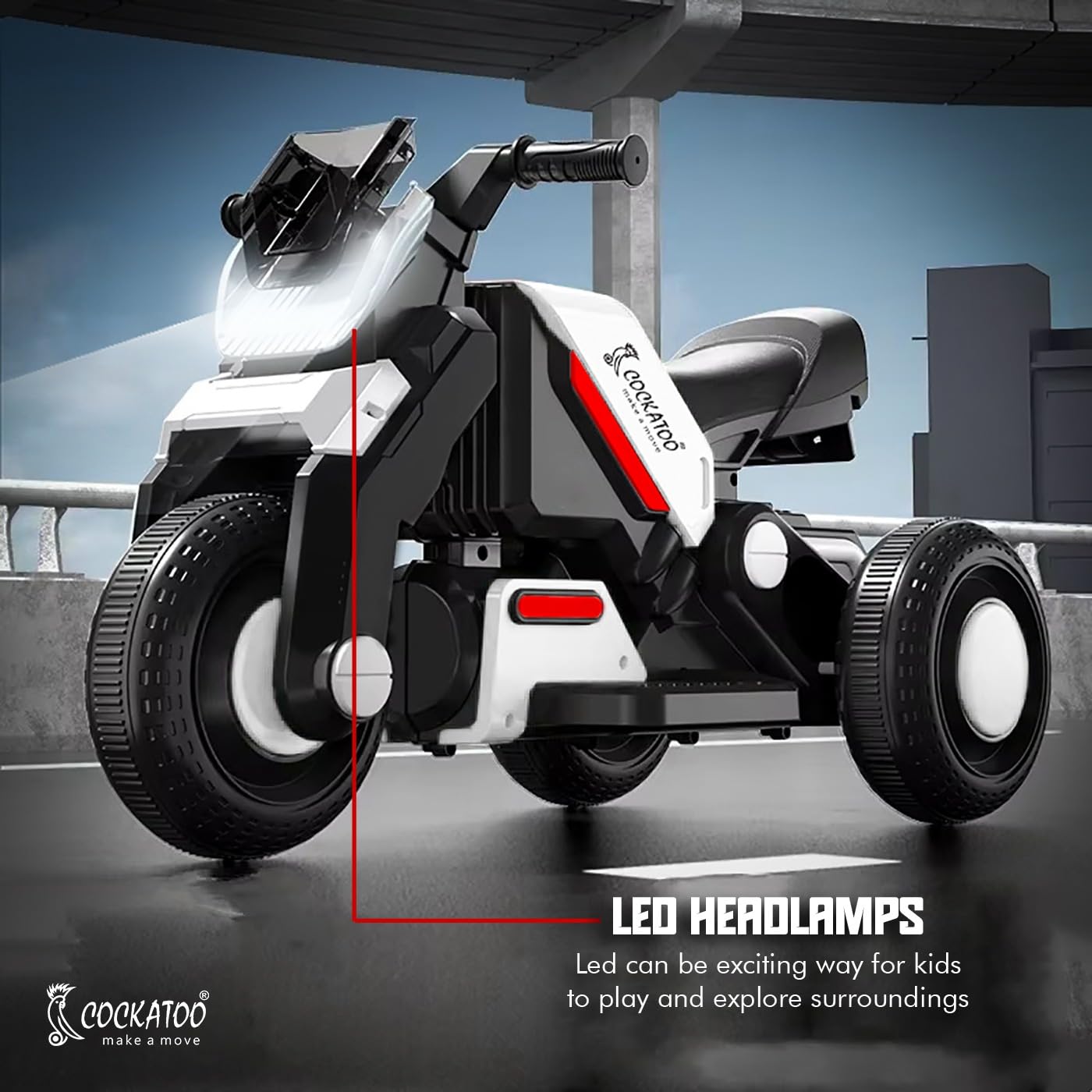 Cockatoo 1E-Cruise Rechargeable Electric Kids Bike, Kids Scooter Bike for 1 to 5 Years Boy Powered by 6V & 4.5 AH Battery for 4.5 Hr to 6Hr Ride, with Bluetooth Music & Other Safety Feature. 1