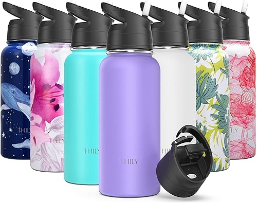 Miniatura 9 de THILY - Botella de agua deportiva aislada al vacío – Botella de agua de acero inoxidable de 32 onzas a prueba de fugas de boca ancha con tapa Mar