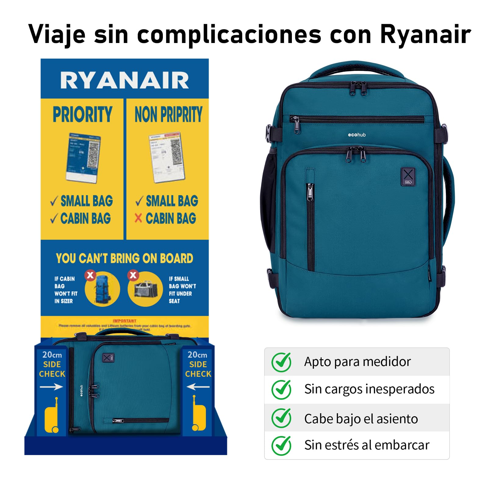 ECOHUB Ryanair Mochila Viaje Cabina Avion 40x20x25 Maletas de Viaje Cabina Bolsa de Viaje Bolso del Ordenador Portátil Maleta de Mano Under Seat Eco PET Mochila para Equipaje de Mano 20L, Azul-verde