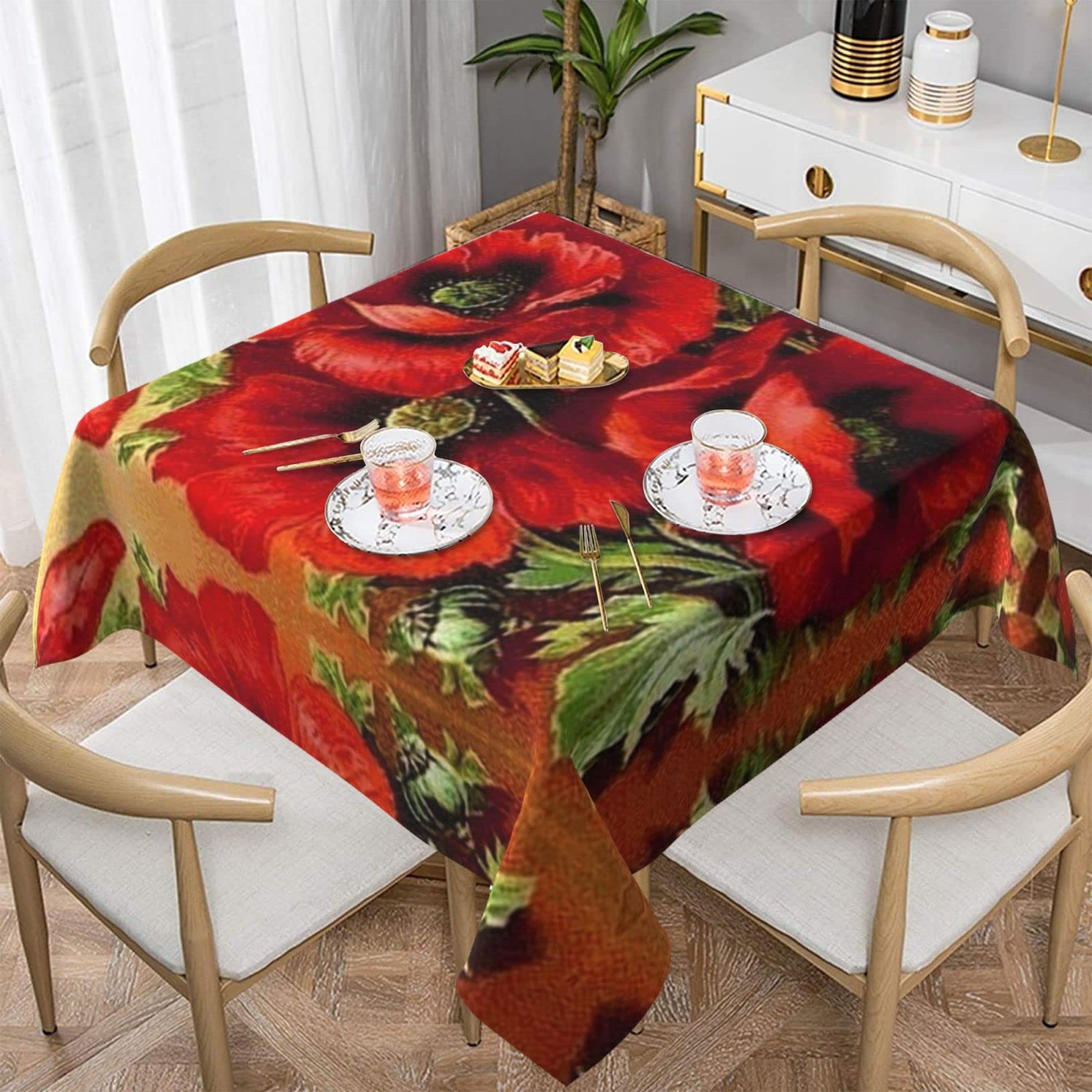 Lawenp Beautiful Red Poppy Flower Square Wrinkle-Free Table Cloth Cover Table Decorative for Wedding Dinning Party Banquet Tabletop