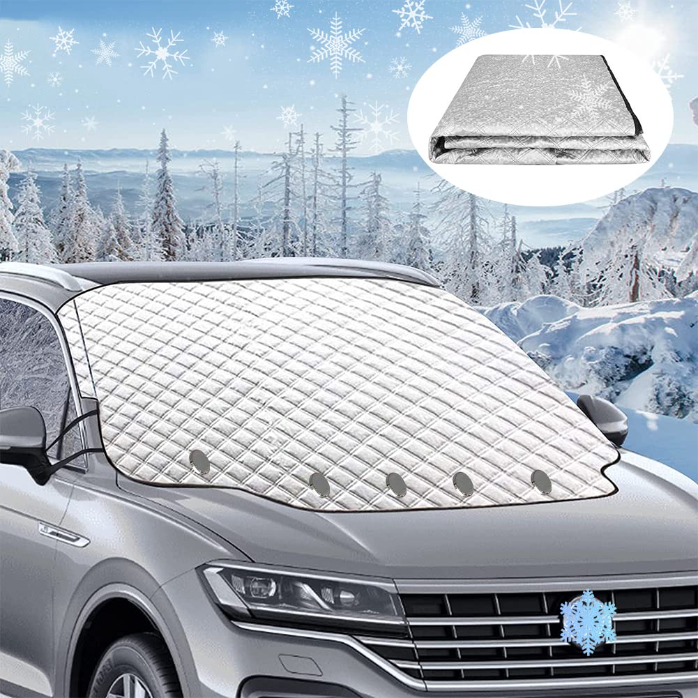 Heavy Duty Ultra Thick Windshield Cover For Ice And Snow 183 X 147 X 116 Cm Car Windscreen Cover, 3 Magnetic Frost Guard Windshield Cover With Rearview Mirror Protective For Any Weather