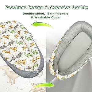 Baby Lounger for Newborn, Baby Nest Cover Breathable and Soft Cotton, Infant Lounger with U-Shaped Safety Bumper for Cozy Comfort Essentials (Dinosuars)