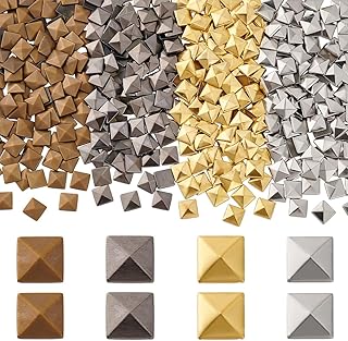 PH PandaHall 400pcs Flat Back Pyramid Studs Glue on Metal Studs, 4 Colors Hotfix Iron on Rivets Square Pyramid Studs for Clothing Bag Leather Shoes DIY Decoration, 7X7mm