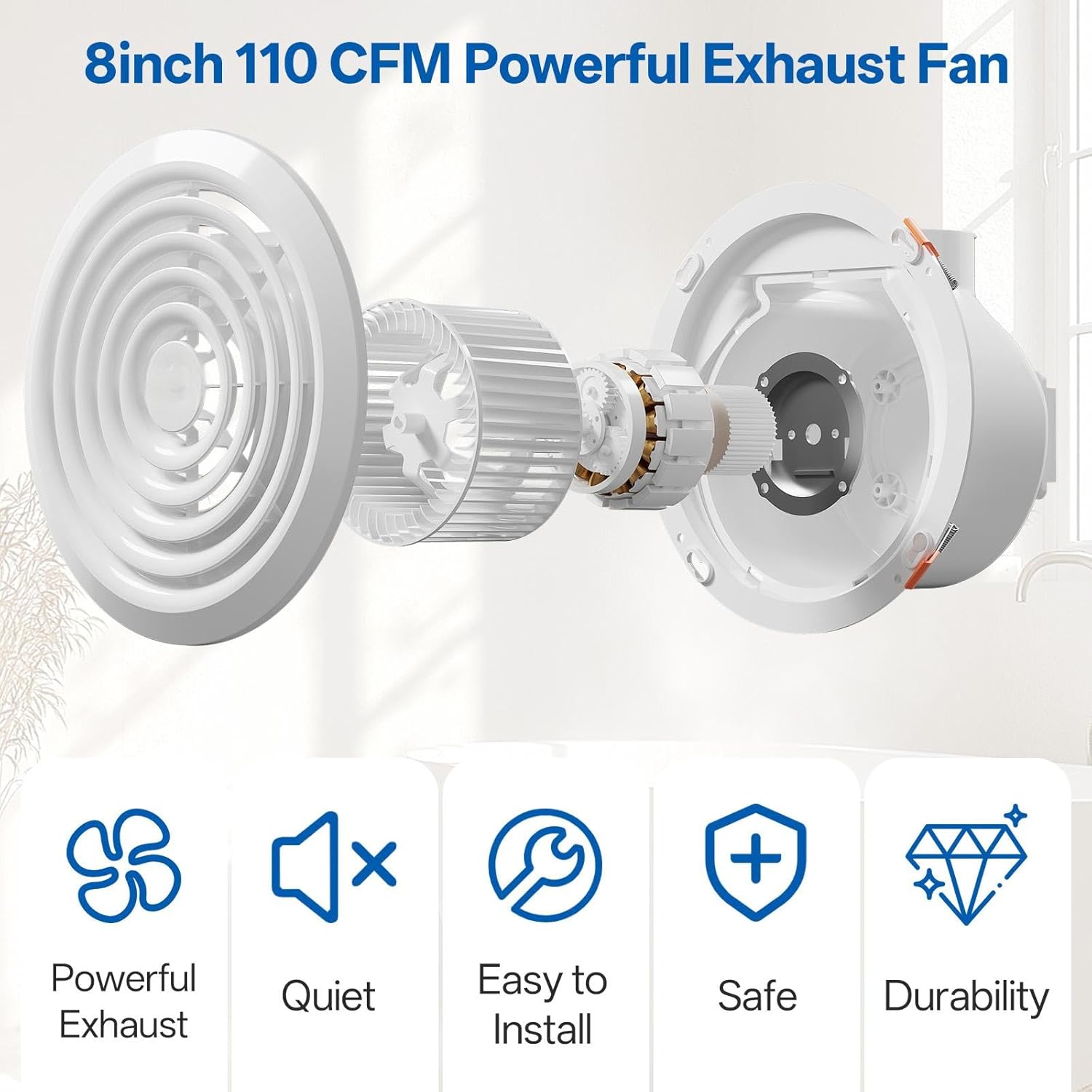8 inch bathroom exhaust fan 110 cfm ceiling mount, ultra quiet 1.0 sone ventilation fan, wall/window install, for bathroom kitchen basement rv 8 inch 1
