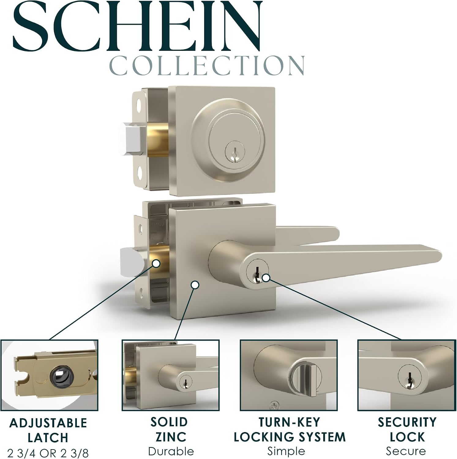 Mega Handles Schein Entry Door Handle & Deadbolt Lock - 1 Pack Reversible Heavy Duty Brushed Nickel Door Handles & Deadbolt for Interior/Exterior Doors, Fits All Standard Doors - Satin Nickel