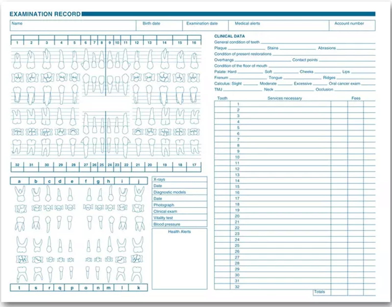 Dental Exam Record, Anatomic & Periodontics Diagrams, Horizontal Layout, Quantity 250