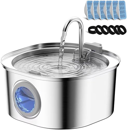 Miniatura 15 de PEKTACO Fuente de agua para gatos de acero inoxidable, dispensador de agua para gatos de 3.2 L/108 onzas con bomba de agua silenciosa y ventana