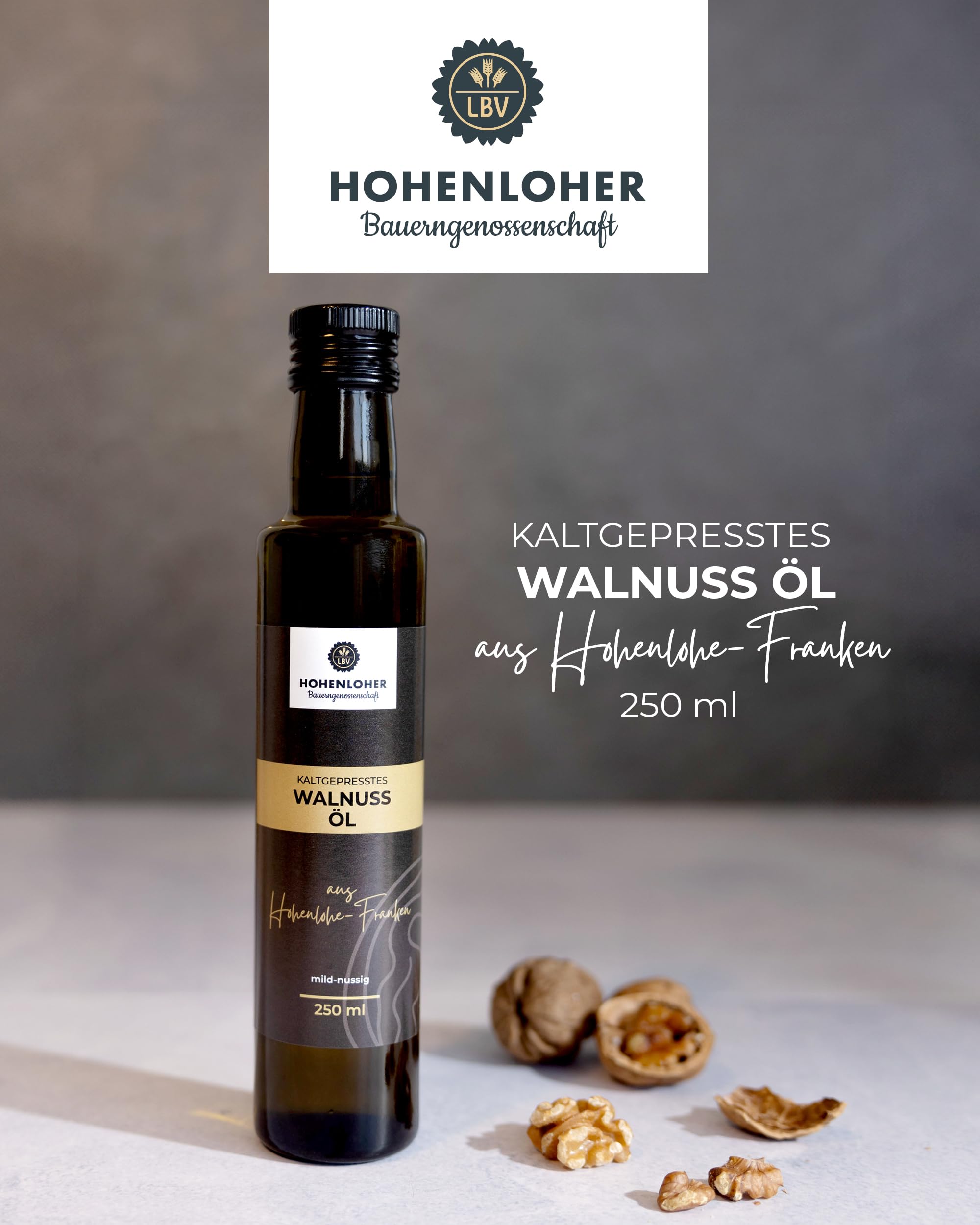 Hohenloher Bauerngenossenschaft Walnussöl kaltgepresst 250ml - Schonend kaltgepresstes Walnussöl mit nussig-feinherbem Aroma - Öl von regionalen Walnussbäumen