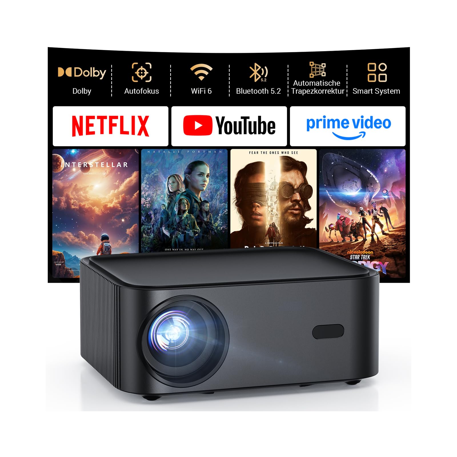 Tageslicht Beamer 4K [1500ANSI/KI-Autofokus/Trapezkorrektur] 38000 Lumen Full HD Beamer mit WiFi 6 Bluetooth 5.2, HAPPRUN 4K Heimkino Projektor 300
