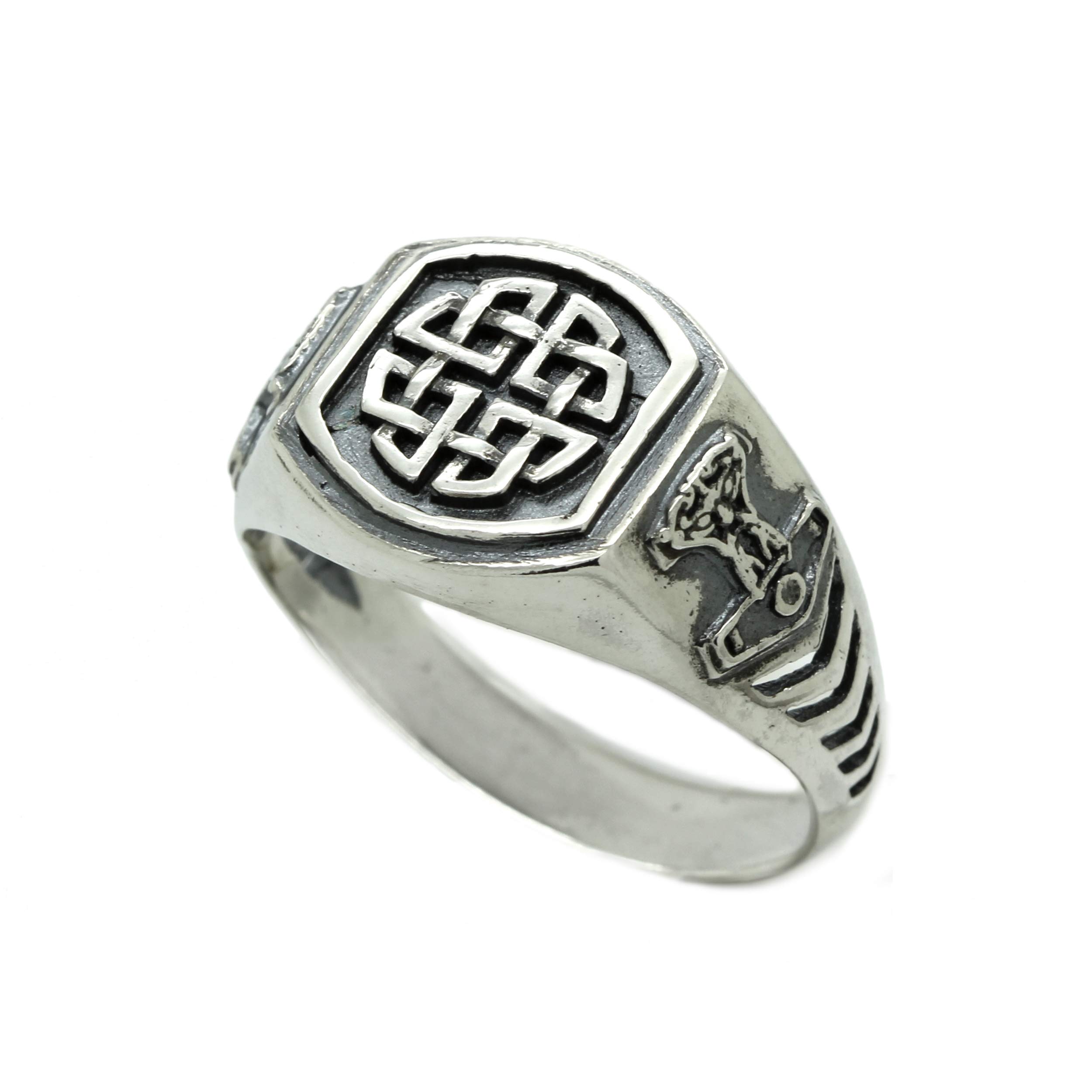 Celtic Shield Knot Viking with Thor Hammer Mens Ring Silver