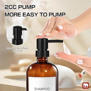 GMISUN Glass Shampoo and Conditioner Dispenser, Shower Soap Dispenser Bottles with Labels, Refillable Shampoo Conditioner Body Wash Dispensers, Amber Glass Soap Pump Dispenser Set for Bathroom Shower