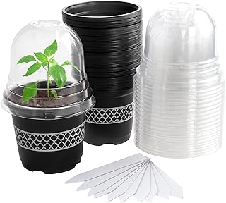 Bluepro 30 Pcs 4 Inch Black Planter Nursery Pots with Fancy Print, Plastic Plant Pots with Humidity Dome, Plant Starter Po...
