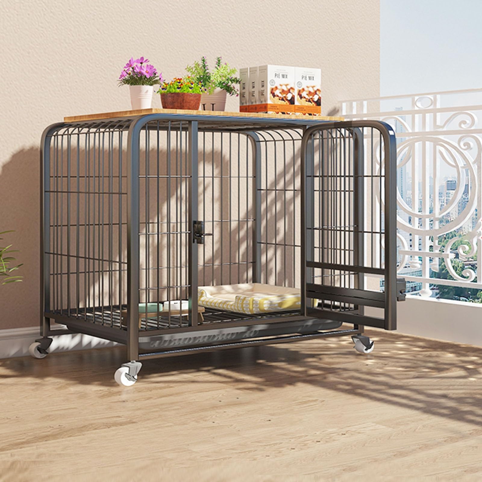 MNBVH Dog Crate Dog Kennel Pet Crate Dog Cage Portable Dog Crate With Wheels Prevent Escape Lock Tray Easy To Install For Puppy Small Medium Dogs Thickened Steel