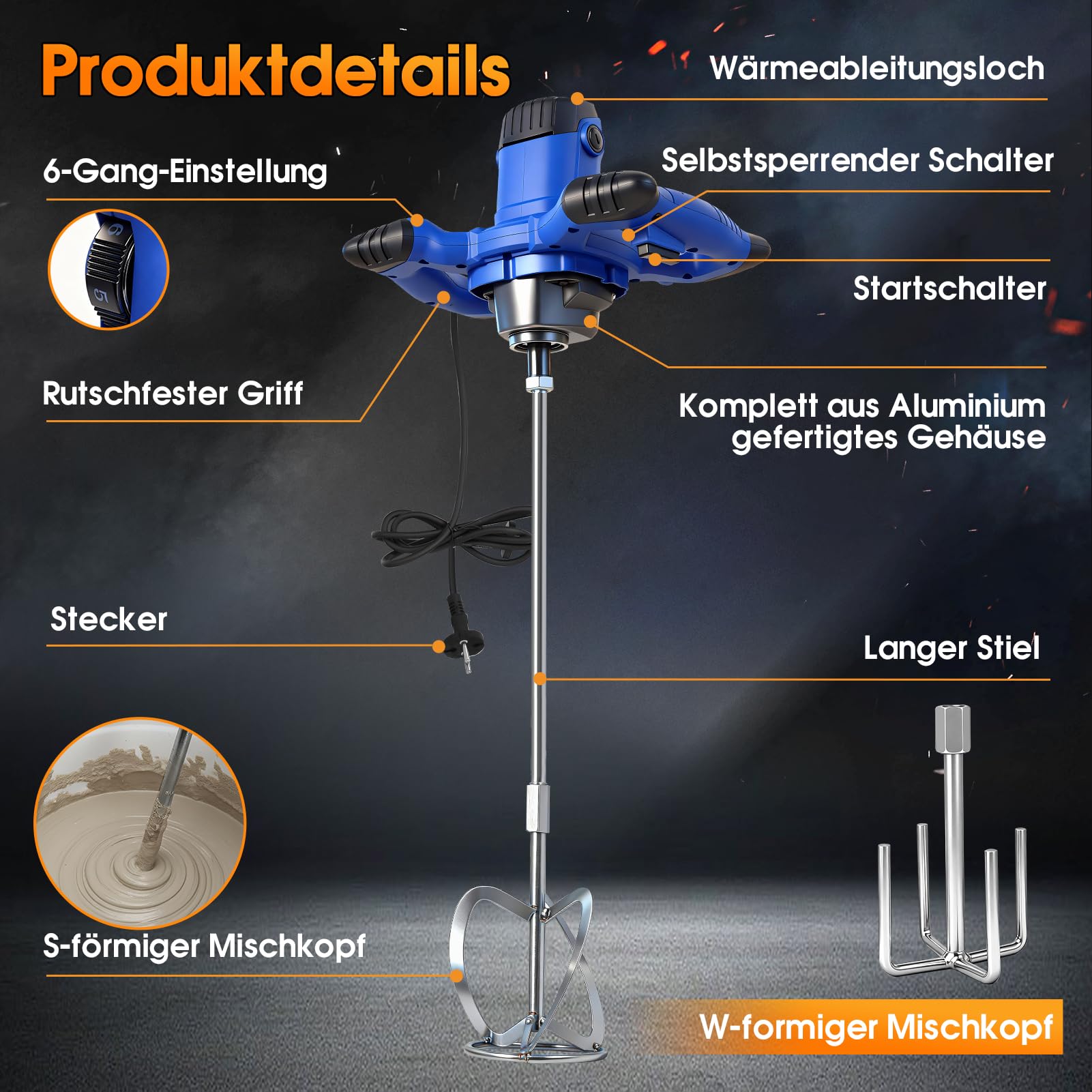 Mescolatore per malta da 3500 W, miscelatore per calcestruzzo, miscelatore per calcestruzzo, 6 velocità, regolazione della velocità, agitatore elettrico, miscelatore per malta M14, agitatore ø120 mm
