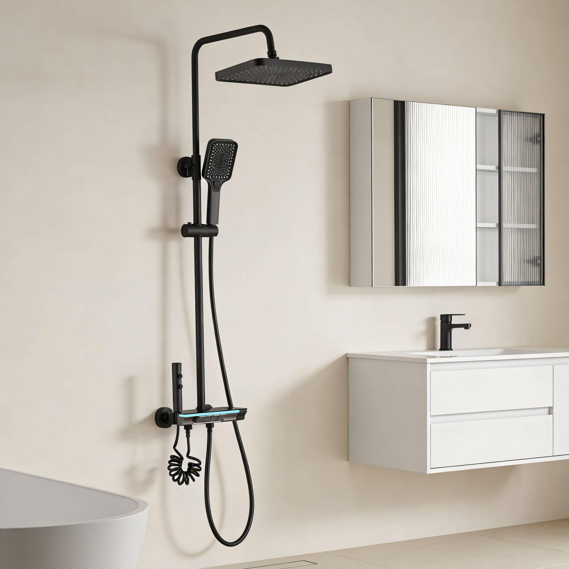 Colonne de Douche Titane avec Tête Carrée DEWINNER,Colonne de Douche 4 Modes et Hauteur Réglable75-110CM, Affichage LED,Tête de Douche, Jet, Robinet et Pommeau de Douche (Noir)