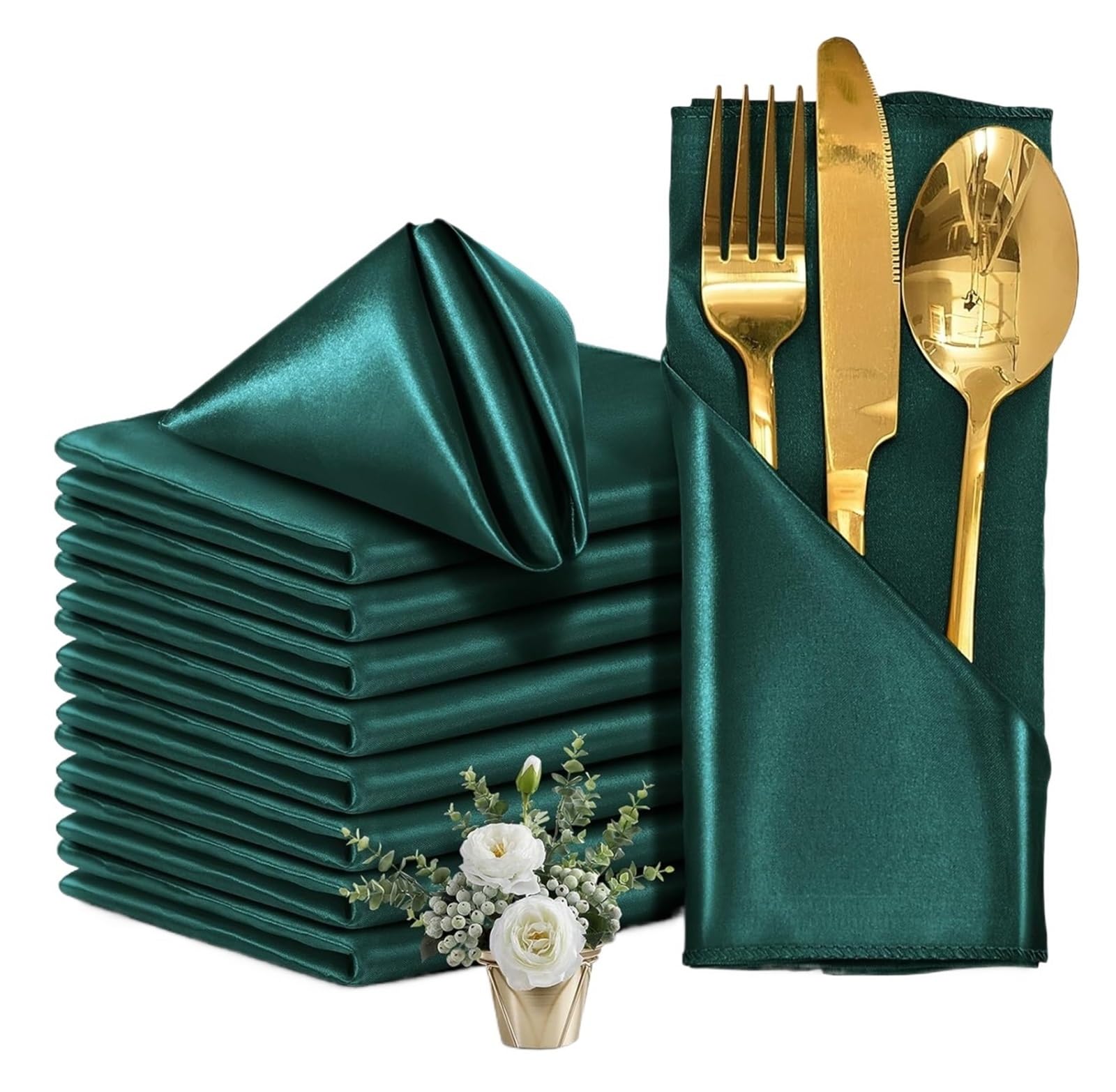 Satin Dinner Napkins 12PCS Satin Napkins 30x30cm Silky, Washable for Wedding Party, Restaurant Dinner Table Decor(12pcs drak green)