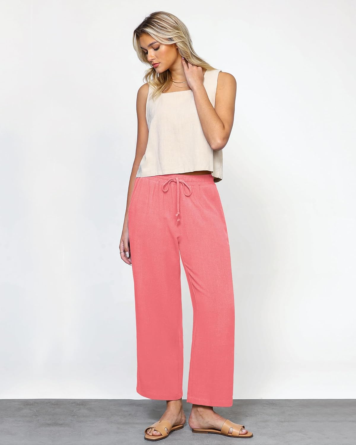 GRAPENT Linen Pants for Women High Waisted Wide Leg Capri Elastic Waist Casual Beach Flowy Cropped Summer Capris Pants - Image 5