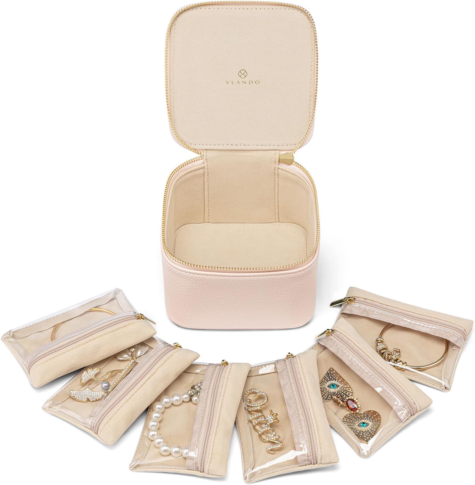 VLANDO Travel Jewellery Box with 6 Velvet Jewellery Pouches for Women | 12.5*12.5*7.5cm, Travel Essentials, Gifts for Women, for Bracelet Ring Earring Necklace Bangle Watch, PU leather, Protable
