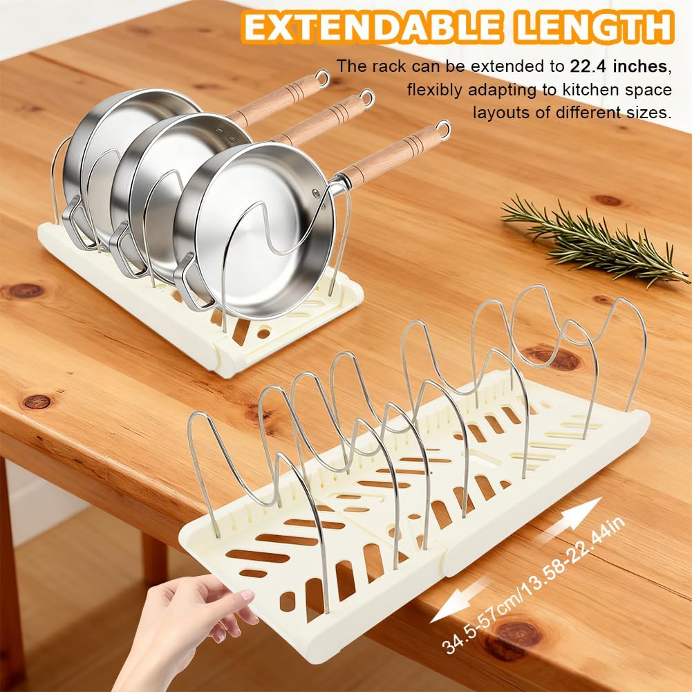 Expandable Pots and Pans Organizer Rack,with 10 Adjustable Compartments for Kitchen Cabinet or Under Sink 13"-23"Adjustable Pot Lid Holder for Cookie Sheets Cutting Boards Cookware(COLOR:White)