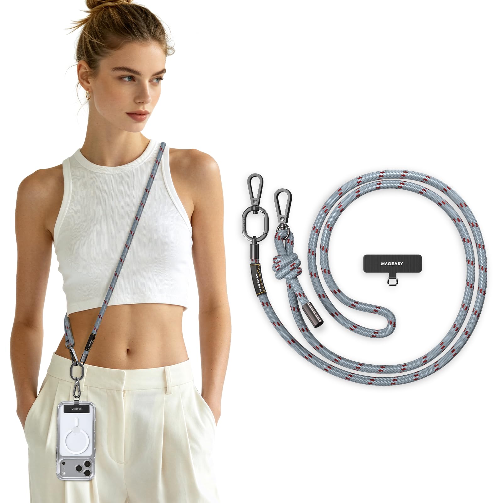 Mageasy Unisex Misty Blue/Red Crossbody Cell Phone Lanyard - Thick Rope Cell Phone Lanyard | 8.3Mm Thick Universal Adjustable Phone Strap For Iphone, Samsung & More | For Traveling, Hiking, Daily Use