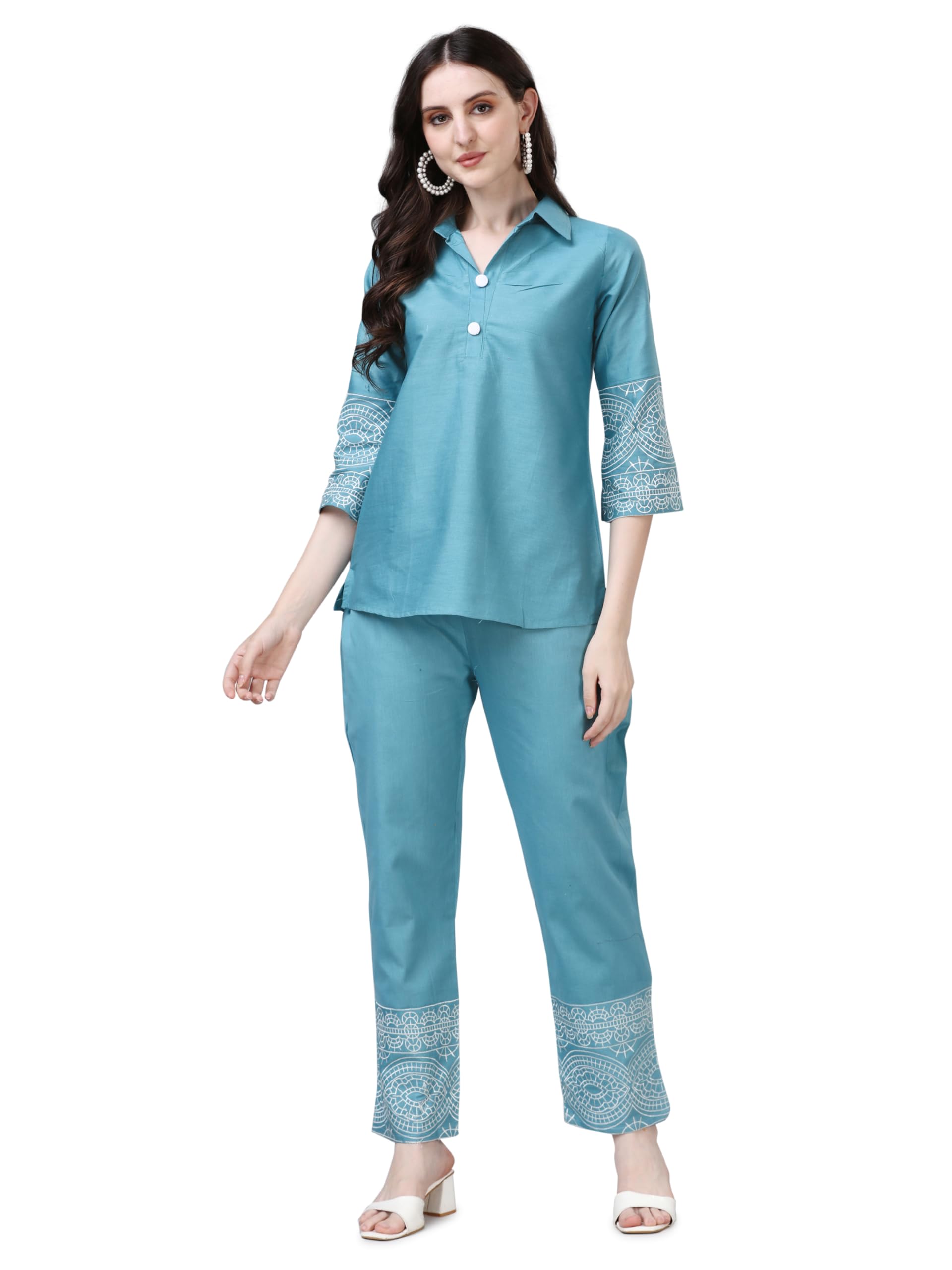 Audace - Co Ord Set for Women, Embroidered Cotton Casual Wear Co-Ords Set, Relaxed Fit Cord Dress for Ladies | Fashionable Shirt with Pant Outfits for Women