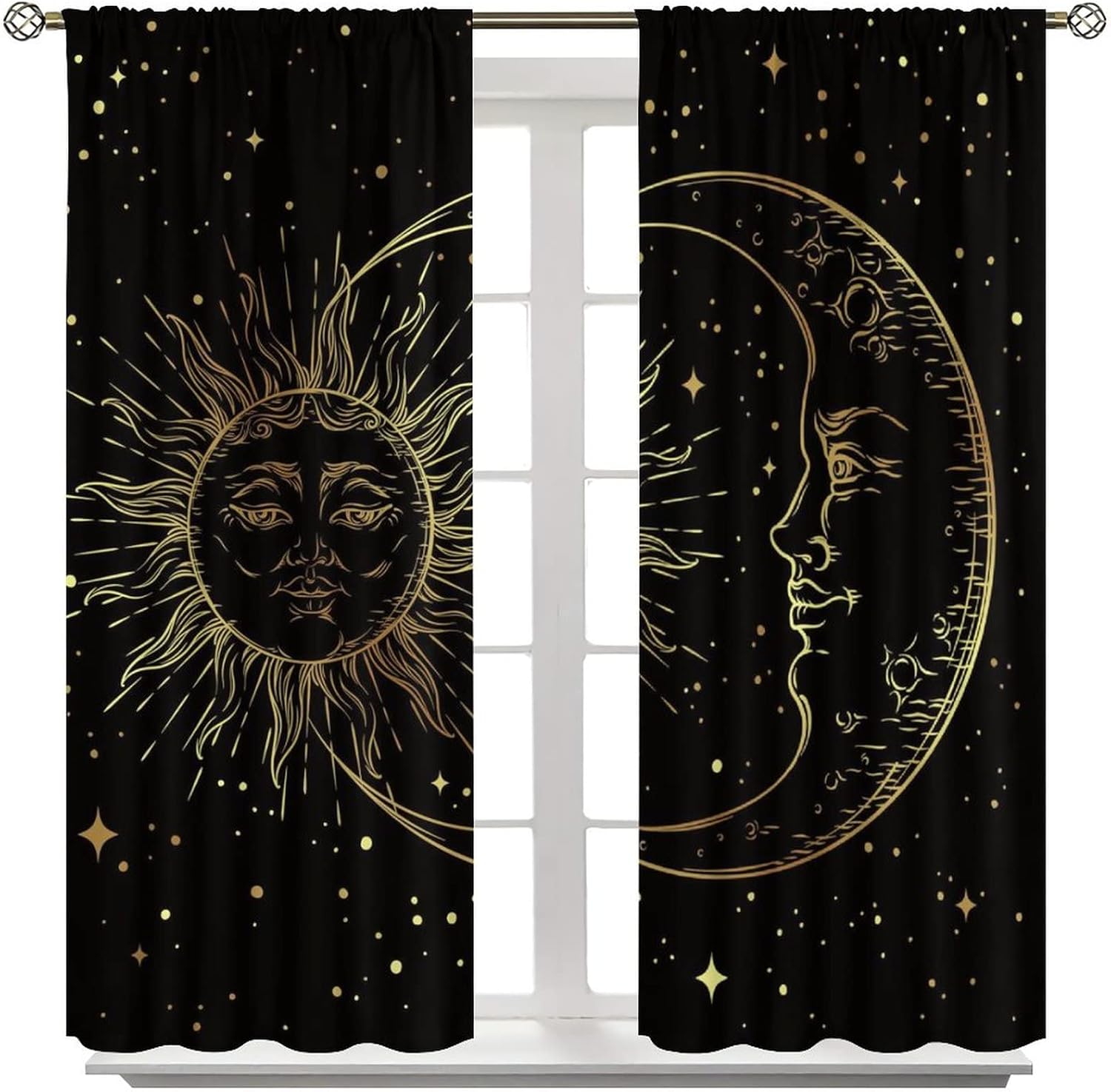Gold Sun and Moon Blackout Windows Curtains, Fantasy Mandala Bohemian Universe Galaxy Printed Curtains, for Living Room Bedroom 42x63in 2 Panels