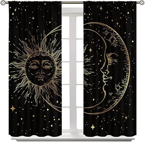 Miniatura 8 de Cortinas opacas doradas de sol y luna, diseño de mandala de fantasía, universo bohemio, galaxia, para sala de estar, dormitorio, 42 x 45 pulgadas, 2