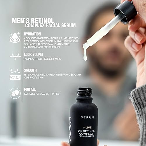 Miniatura 4 de Gentlehomme Suero de retinol antienvejecimiento para hombres, suero hidratante con ácido hialurónico, vitamina B6 y aloe vera, reduce los signos de