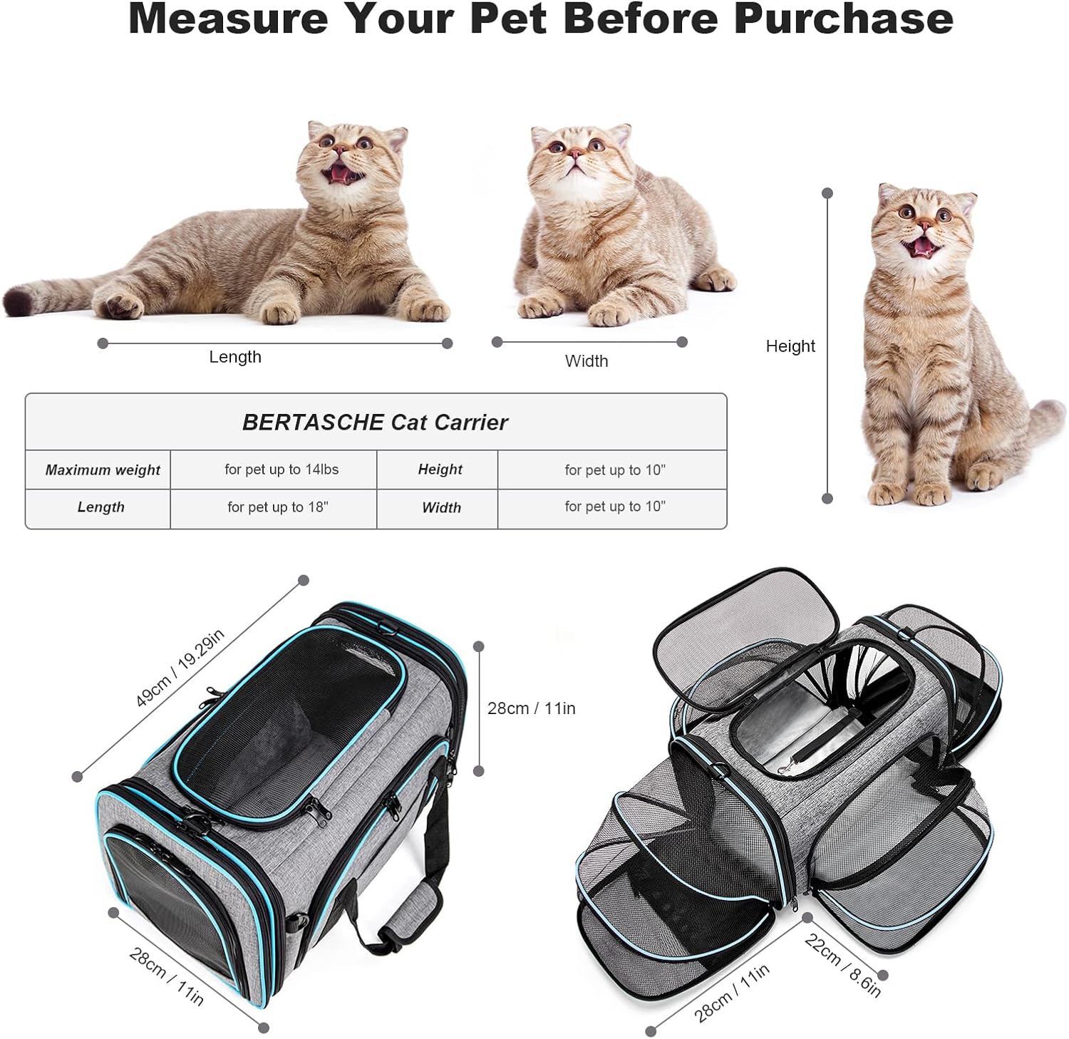BERTASCHE Cat Carrier, Pet Carrier Airline Approved 4 Sides Expandable Dog Carrier, Soft-Sided Collapsible Pet Travel Carrier for Cats, Kitty, Puppy & Small Dogs : Pet Supplies