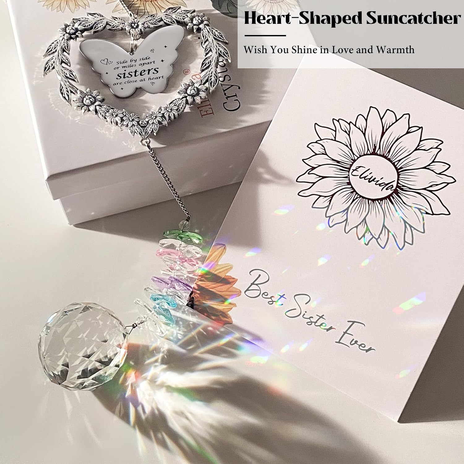 Suncatcher Gift for Sister Birthday, Best Sister Ever Crystal Hanging Ornament, Unique Sun Catcher for Indoor Windows, Heart Shaped Rainbow Maker - Image 2