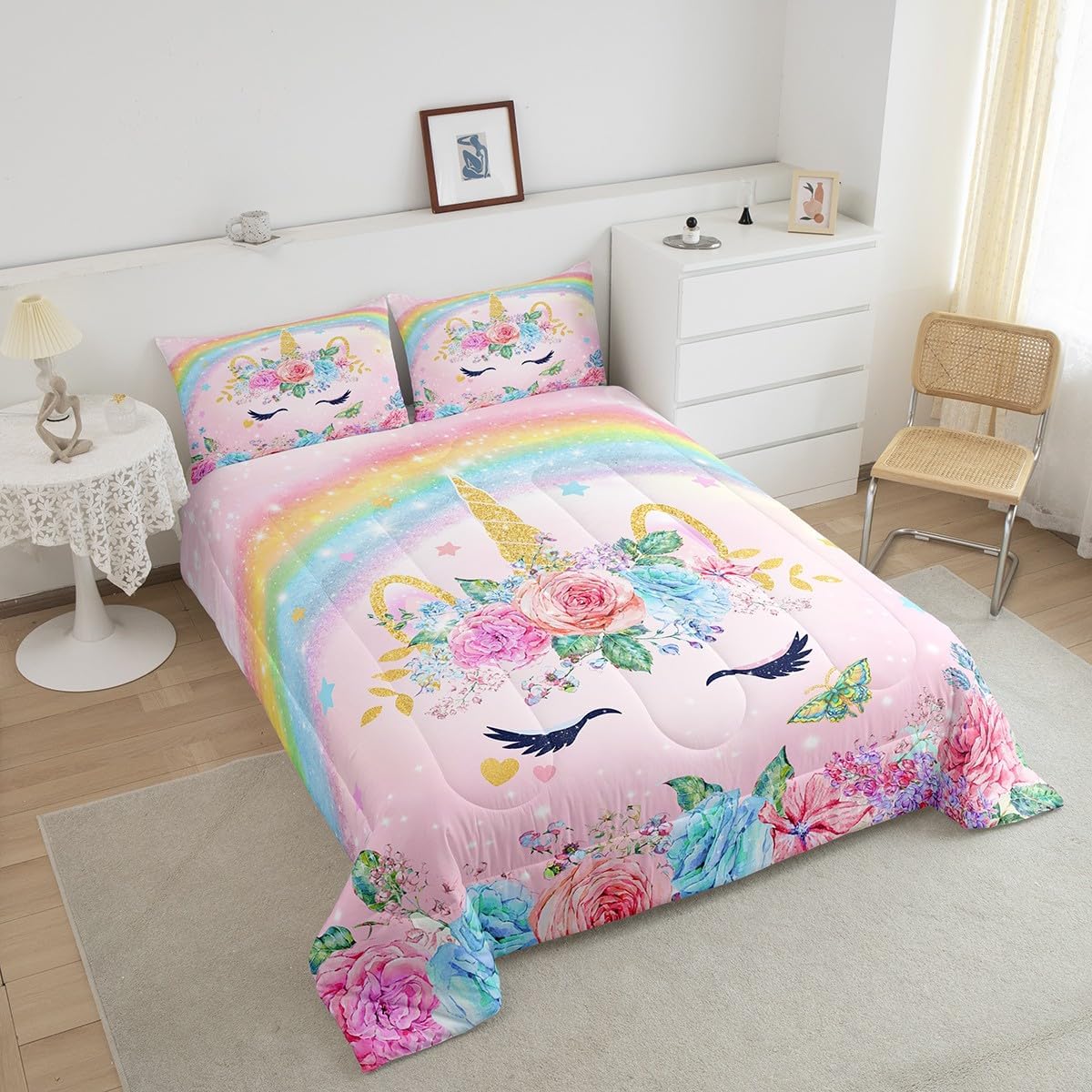 Feelyou Twin Size Unicorn Comforter Set for Kids Girls Bedroom Decorations Teens 3D Pink Unicorn Rainbow Bedding Comforter Set Ultra Soft and Fluffy Flower Comforter Sets