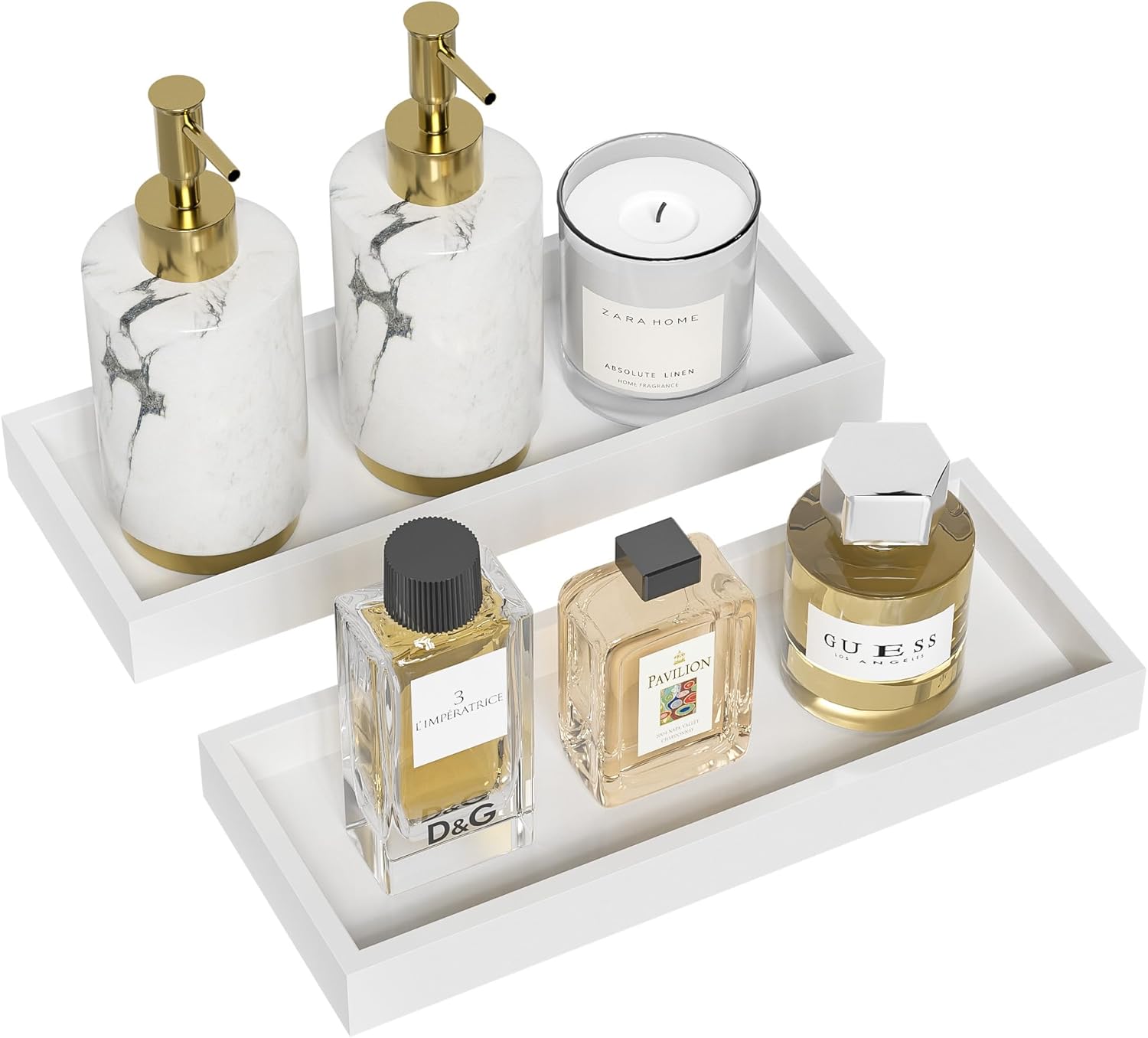 ZHWS Bathroom Vanity Tray for Countertop Decor Perfume Jewelry Toiletries, Toilet Tank Tray for Candle Bamboo Kitchen Tray for Soap Dispenser Spice Coffee Set of 2 11.3’’L x 4.4’’W x 1.14’’H 2 Pack 11.3 x 4.4 x 1.14 inch White