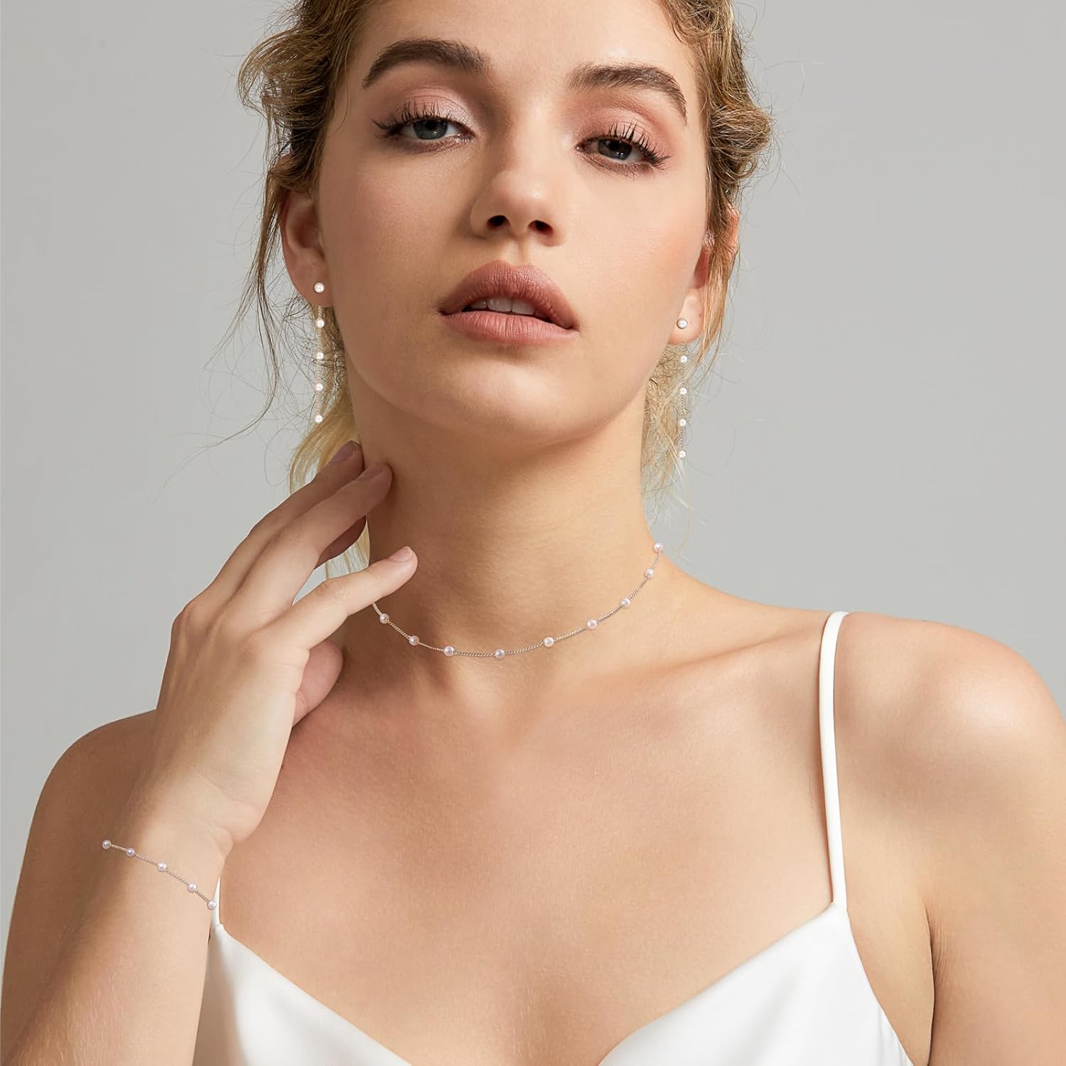 Gold Jewelry Set for Women - Dainty 14K Gold/Silver Plated Pearl Choker Necklace, Drop Earrings & Bracelets - Wedding Trendy Pearl Jewelry Gift - Image 6