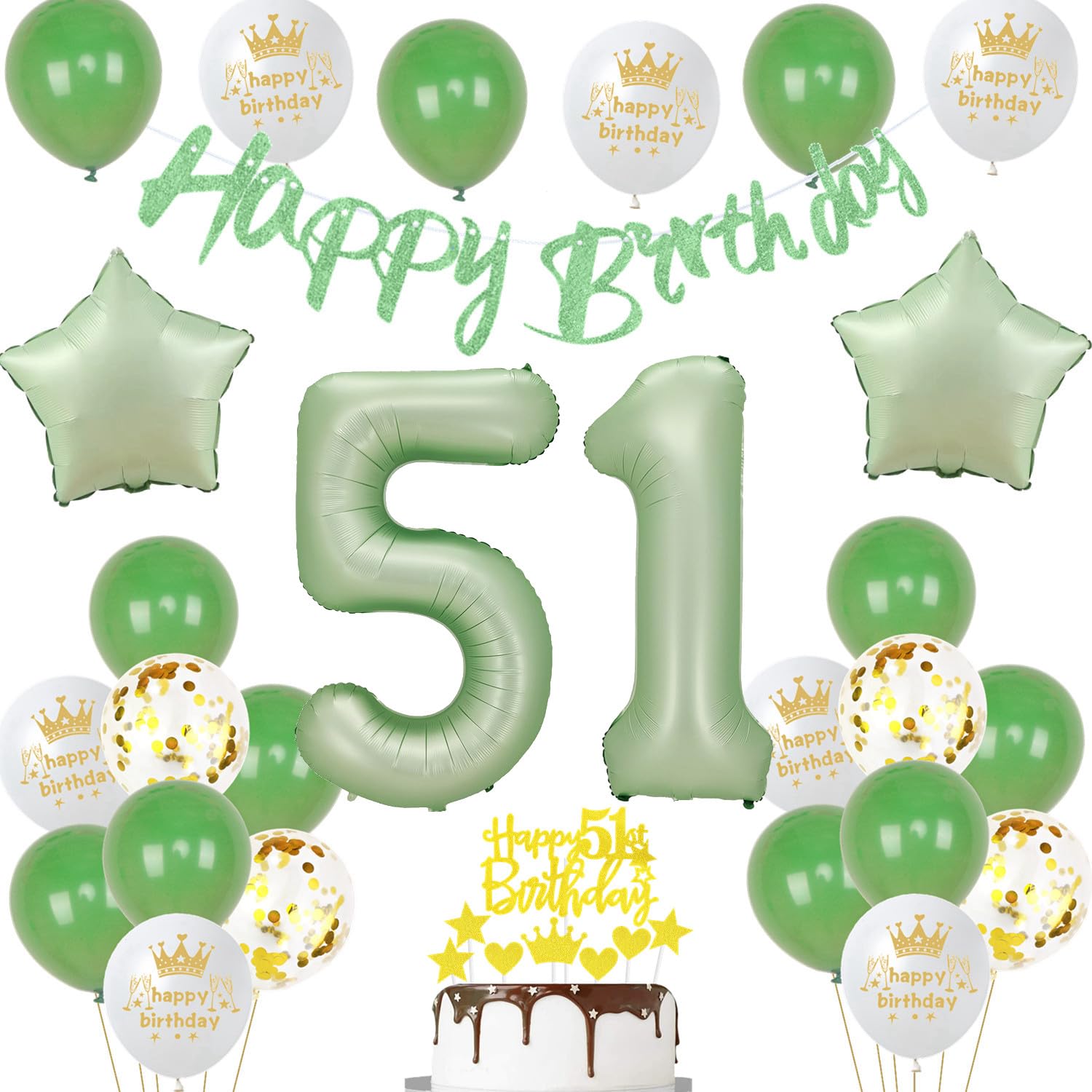 Decorazione Compleanno 51 Anni – Kit Palloncini Oro Con Numero 51, Ghirlande, Bandierine E Cake Topper (Palloncini In Foil E Lattice)