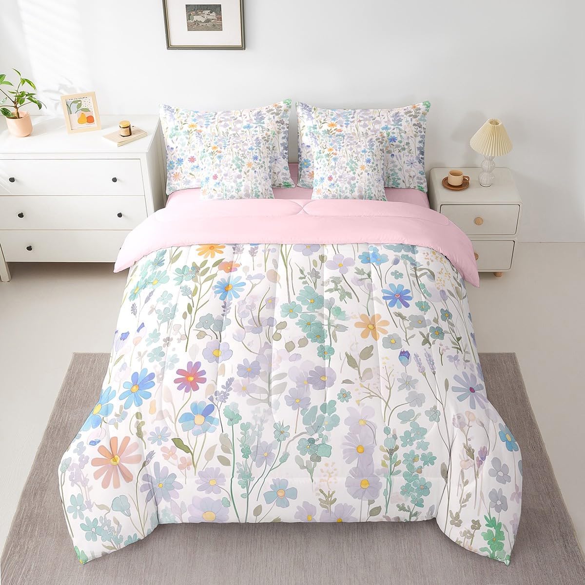 Erosebridal 7 Piece Colorful Floral Queen Bedding Set for Kids Girls Boys,Cute Watercolor Flowers Comforter Set with Sheets Boho Bedroom Decor,Rustic Country Wildflower Bed in a Bag with Pillowcases