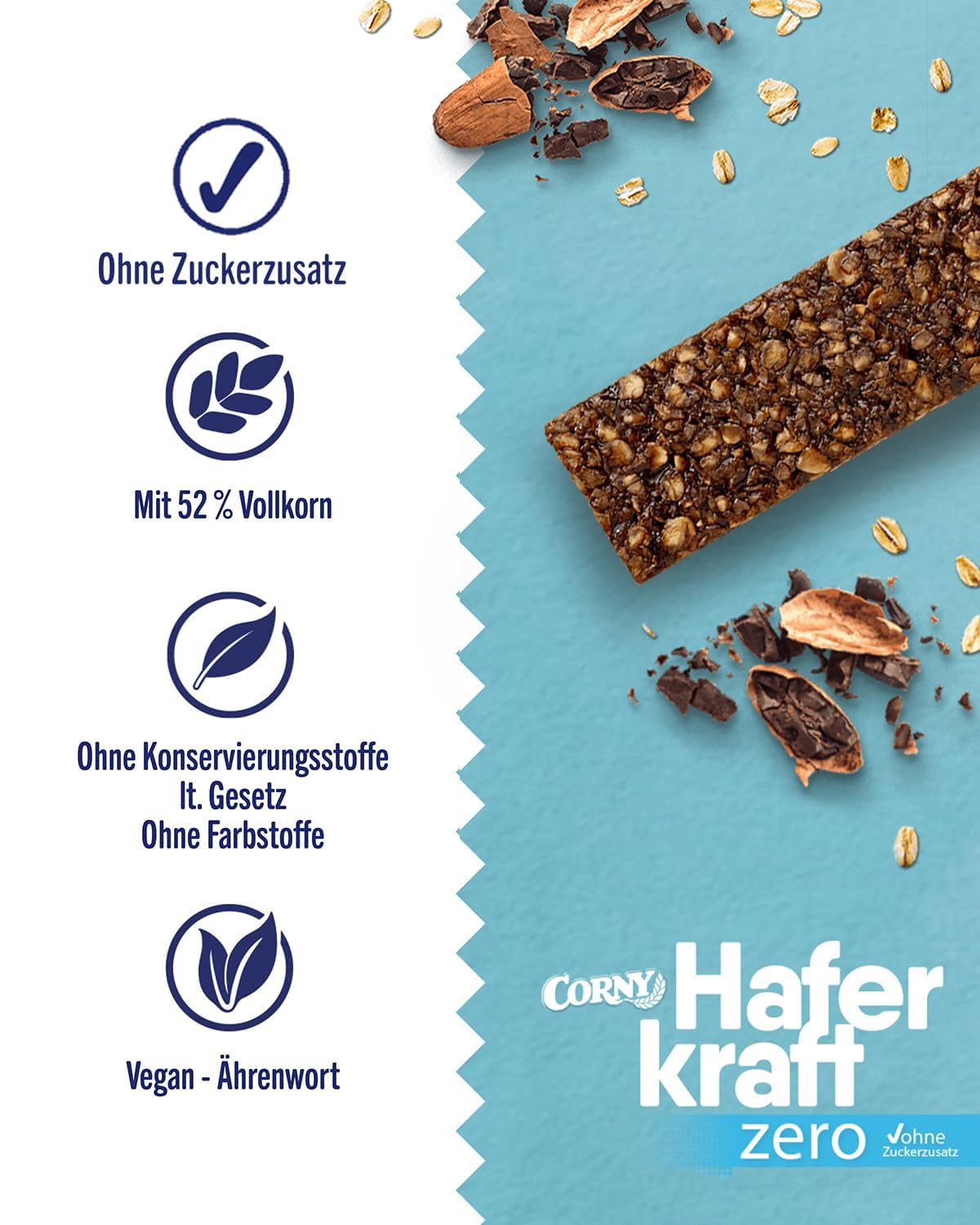 Haferriegel | Corny Haferkraft Zero Kakao | Veganer Müsliriegel ohne Zuckerzusatz | Mit Haselnüssen | Energiereicher Snack für unterwegs | 48x35g