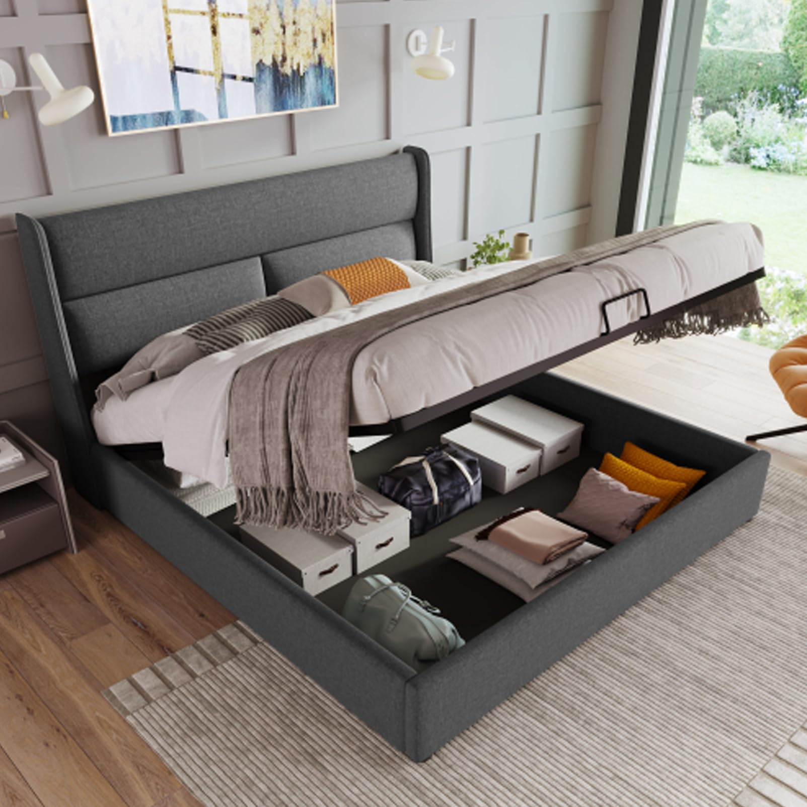 Letto Imbottito Idraulico Con Poggiatesta Regolabile Letto Matrimoniale Letto Per Ragazzi Giroletto In Materiale Di Lino Letti Contenitore Box Letto Per Camera Da Letto Per Gli Ospiti Grigio 140x200