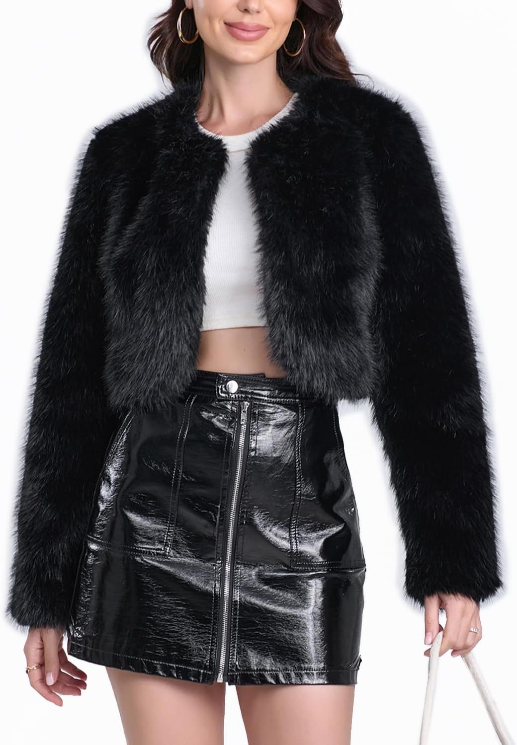 Women's Faux Fur Cropped Coat Long Sleeve Open Front Winter Jacket - Image 4
