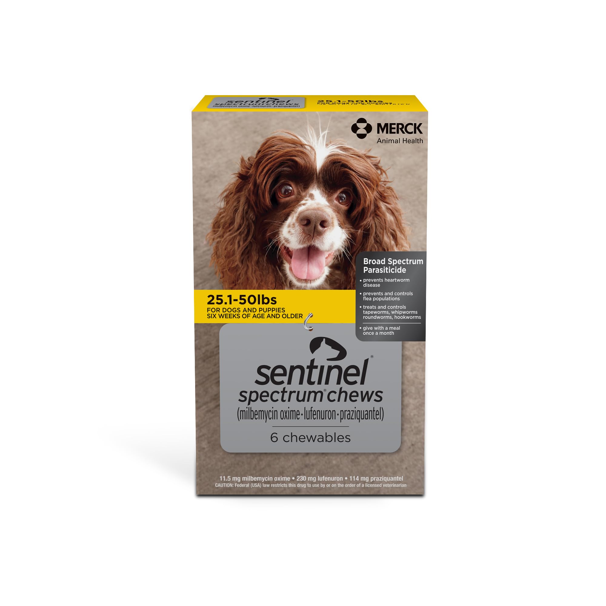 SENTINEL SPECTRUM Chews for Dogs, 25.1-50 lbs, 6 Chews, 6-Month Supply, Yellow Box
