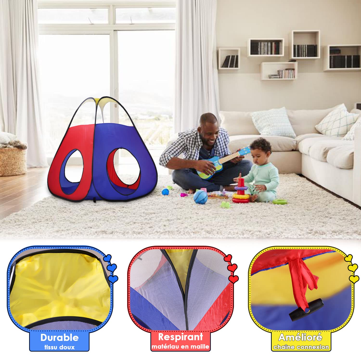 Opret Tente de jeu 4 en 1 pour enfants, tente pop-up et tunnels pliables pour tout-petits rampant avec sac de rangement portable à fermeture éclair, cadeau d'anniversaire pour garçons et filles