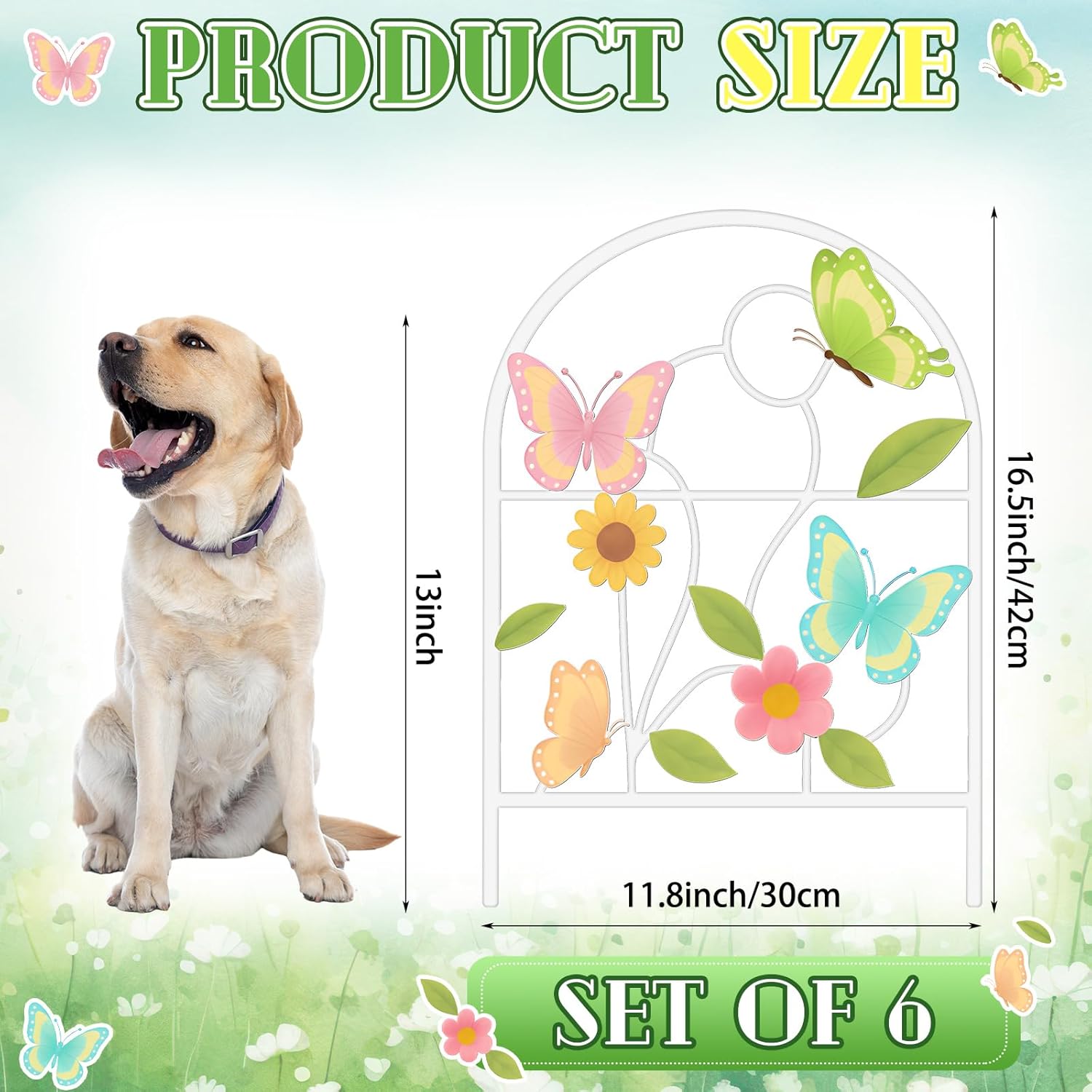 6 Pack Pastel Butterfly Decorative Garden Fence 16.5''h x 11.8''w Animal Barrier Border Butterfly Flower Design Metal Arch Fence Panel for Spring Outdoor Patio Yard Landscape Decoration