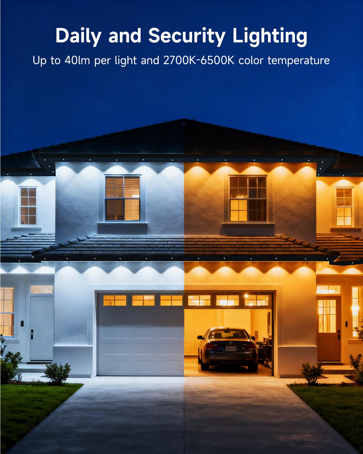 Permanente Außenbeleuchte Lights 15M RGBICW 2700-6000K LED Lichterketten Outdoor IP67 Wasserdichte mit App Steuerung für Weihnachtsdekoration Gartenpartys und tägliche Beleuchtung(Weiße 50FT)