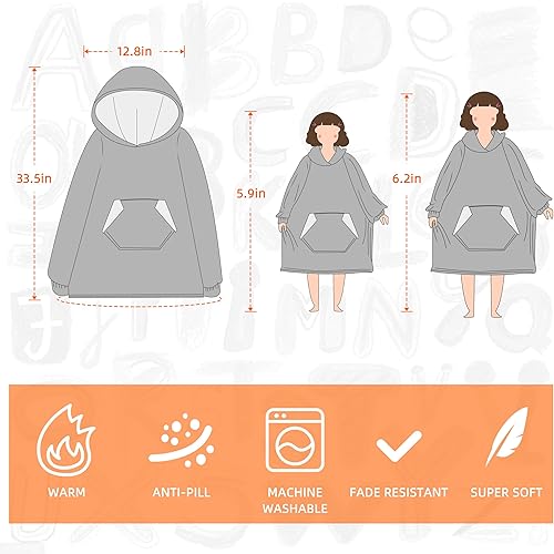 Miniatura 5 de Manta con capucha para niños, sudadera de sherpa de gran tamaño de franela con bolsillo para capucha y mangas (gris)