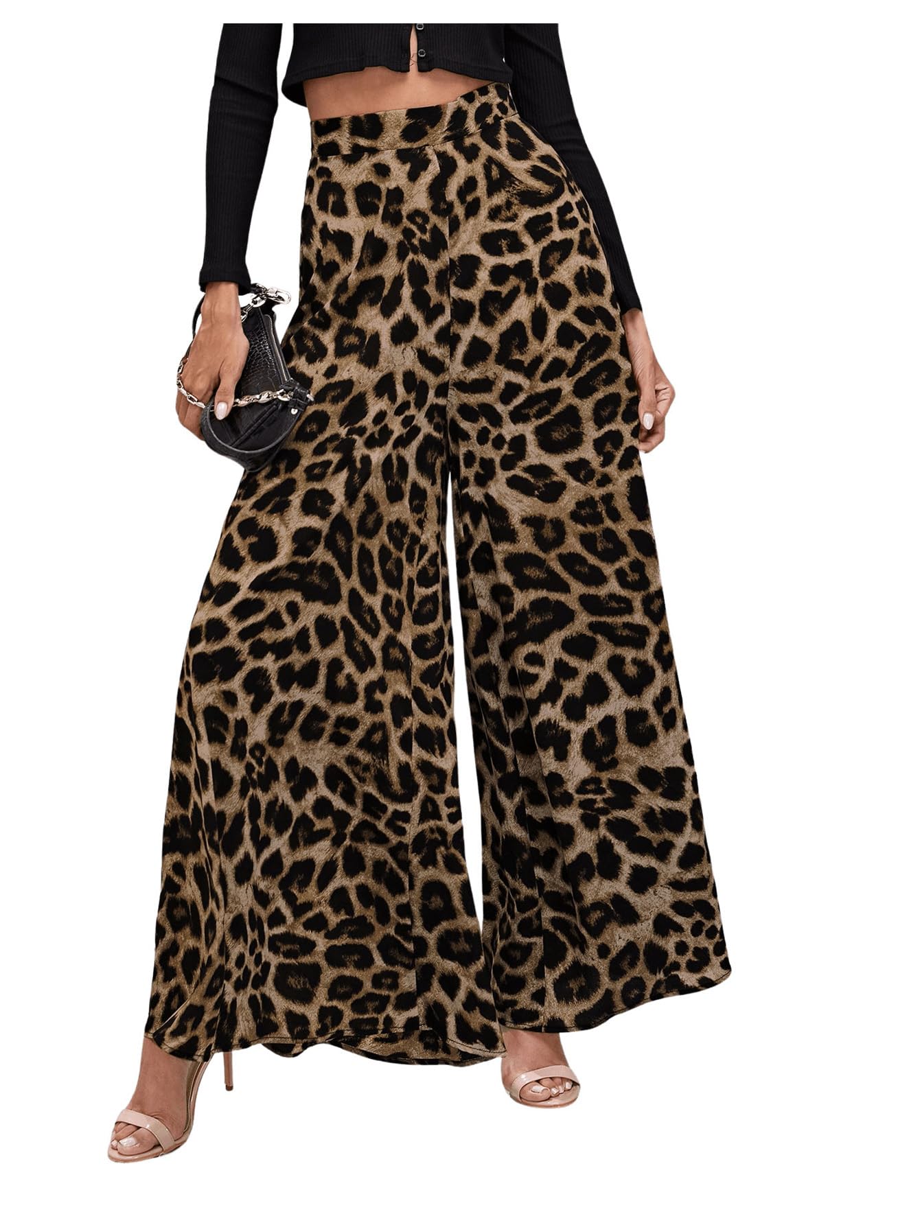 Floerns Womens Leopard Print High Waist Palazzo Pants Wide Leg Baggy Trousers