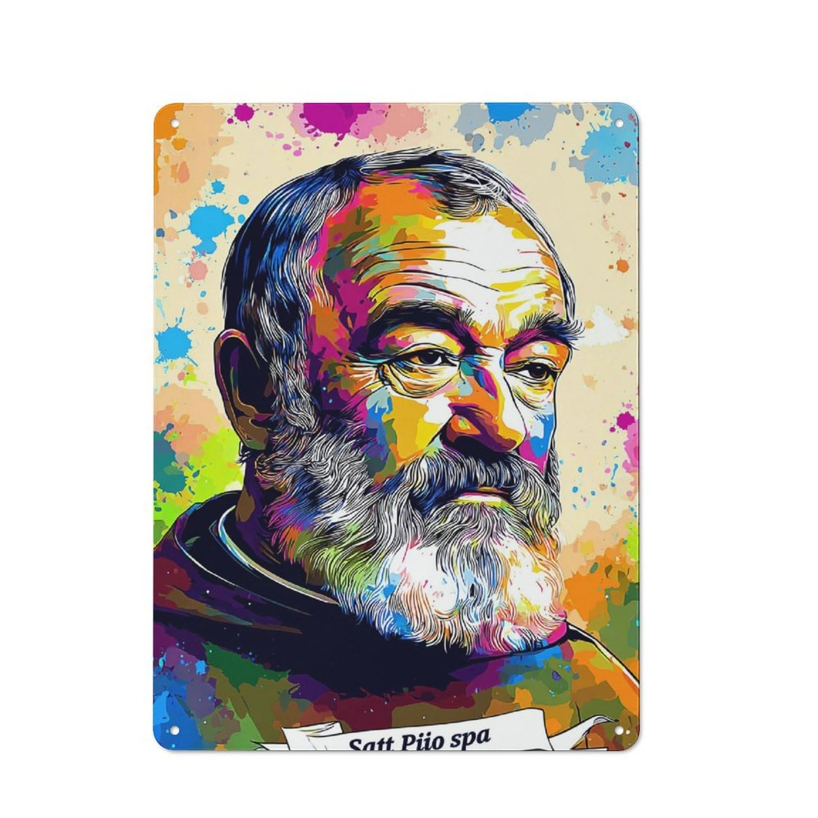 Junmoney Colorful Portrait Of Saint Pio Retro Tin Wall Plaque 40X30cm For Garage Or Workshop, A Metal Wall Feature For Garages And Tool Rooms