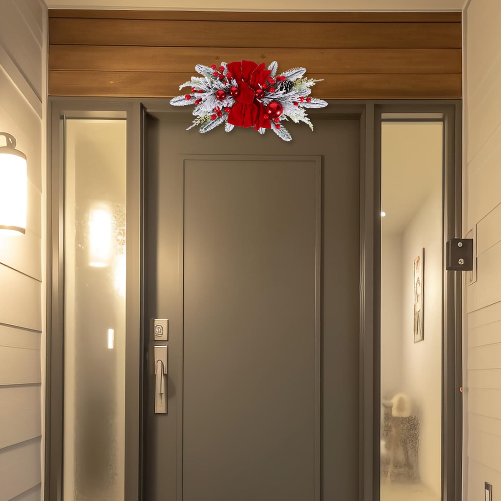 VOSAREA Couronne Lumineuse de Noël Rouge 45x20 Cm en Plastique et Tissu, à Suspendre Décorative Lumineuse pour Porte D'entrée, Style Nordique Délicat