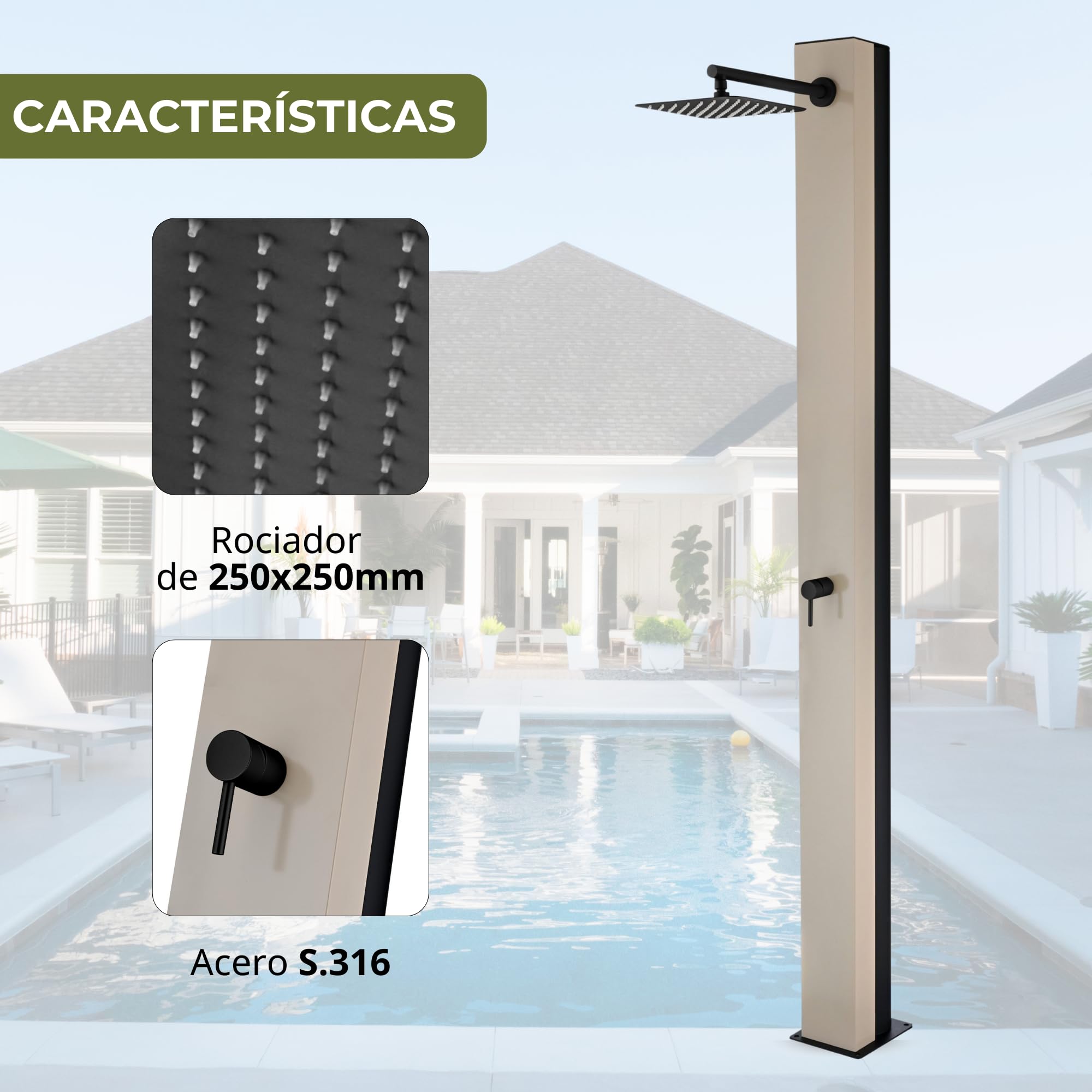 NOLUXA IMEX - Douche Piscine Extérieure Acier S.316 avec Réservoir Eau Chaude 36,8L | Encastrée Sol Jardin/Piscine/Terrasse | Robinetterie 1 Voie (Eau Froide + Chauffée) et Traitement Anticorrosion