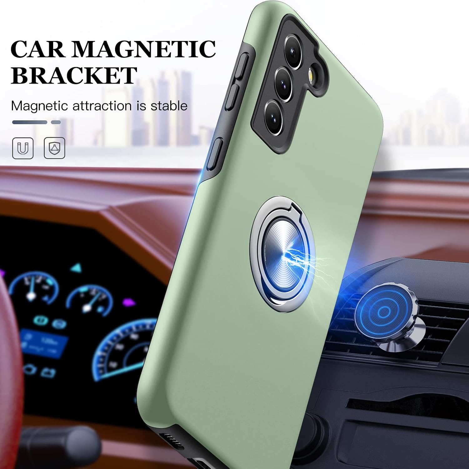 JAME Designed for Samsung Galaxy S21 Case (Not for S21 Plus & S21 Ultra), Slim Tough Rugged Shockproof Protective Case with Metal Ring Kickstand for Samsung Galaxy S21 6.2 Inch, Alpine Green